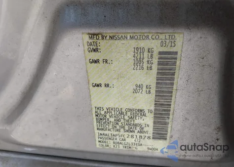 2015 Nissan Altima 2.5/2.5 S/2.5 Sl/2.5 Sv из США, поврежденный, VIN 1N4AL3AP5FC281878